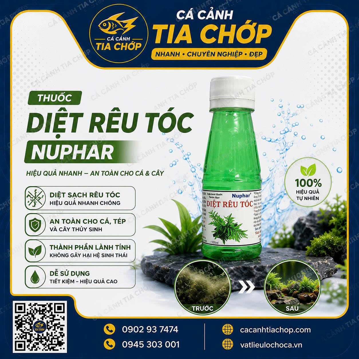 Diệt Rêu Tóc Nuphar – Chai Màu Xanh Lá Đánh bay rêu tóc cứng đầu – Khôi phục vẻ đẹp hồ thủy sinh